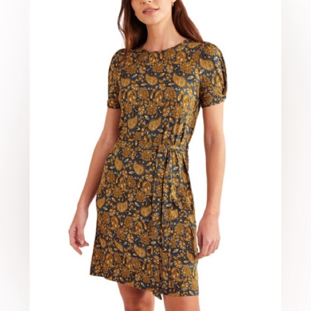 Boden Jersey Mini Dress in Harvest Gold Paisley puff sleeves size: 14R